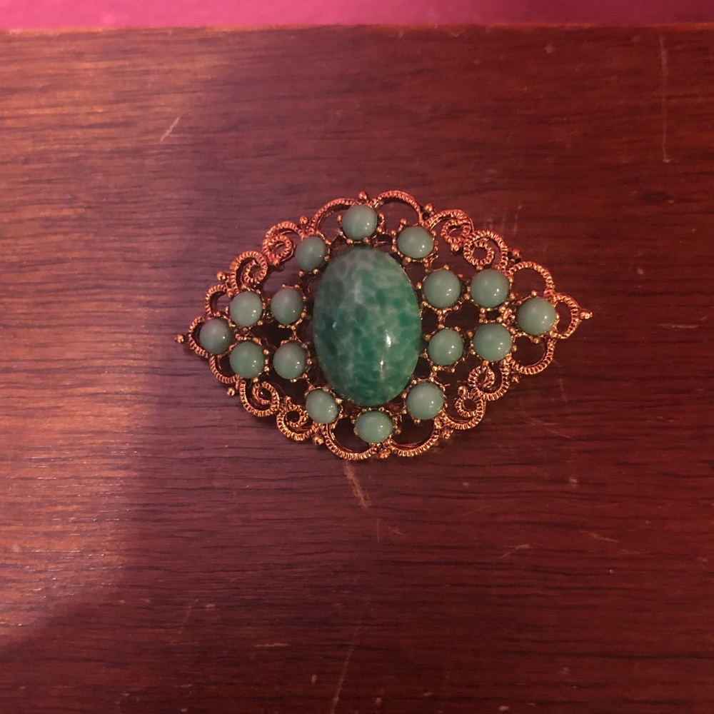 Green Cabochon Vintage Brooch